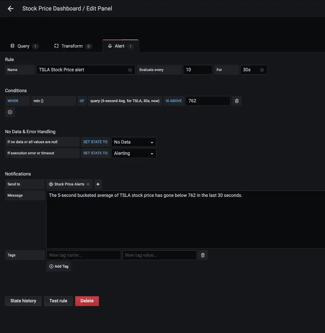 Configuration settings for alerting in Grafana based on Tesla stock prices over the last 30 seconds