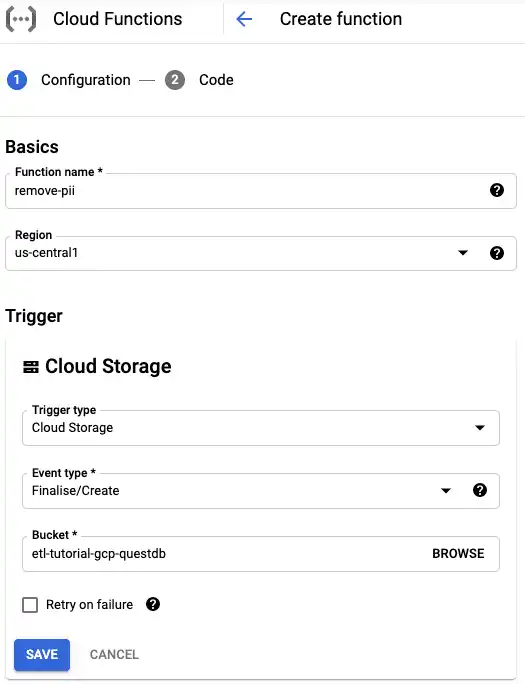 Creating a new Cloud Function on Google Cloud Platform for an ETL job